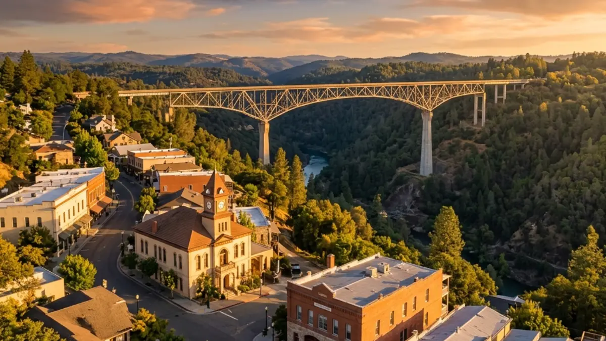 Historic Auburn Old Town with the Foresthill Bridge in the background under warm golden-hour light.