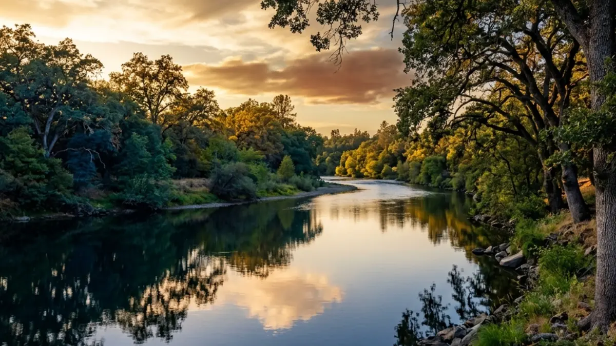 Scenic American River at Carmichael, California, surrounded by green oak trees during a warm sunset.