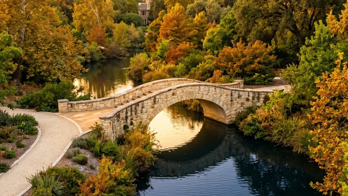 The scenic UC Davis Arboretum waterway and stone bridge framed by autumn trees at sunset.