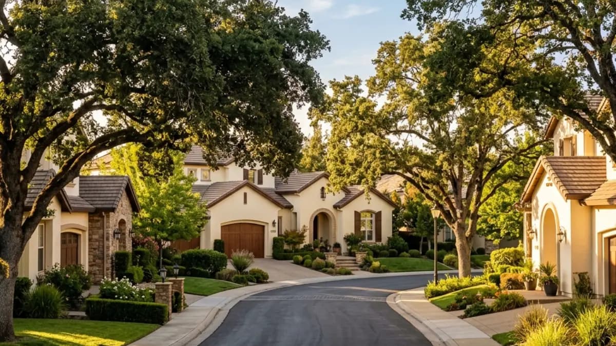 An elegant residential streetscape in Gold River, California, lined with trees under warm evening light.