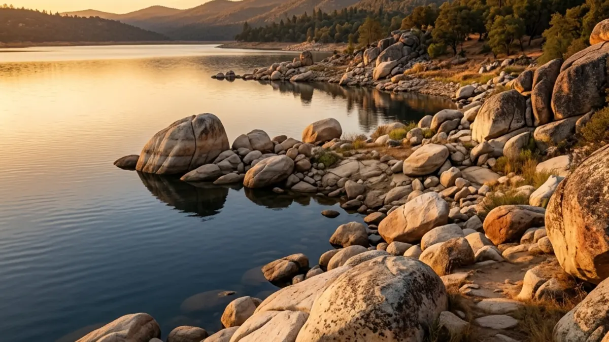 Scenic rocky shores of Granite Bay at Folsom Lake with granite boulders and calm waters at sunset.