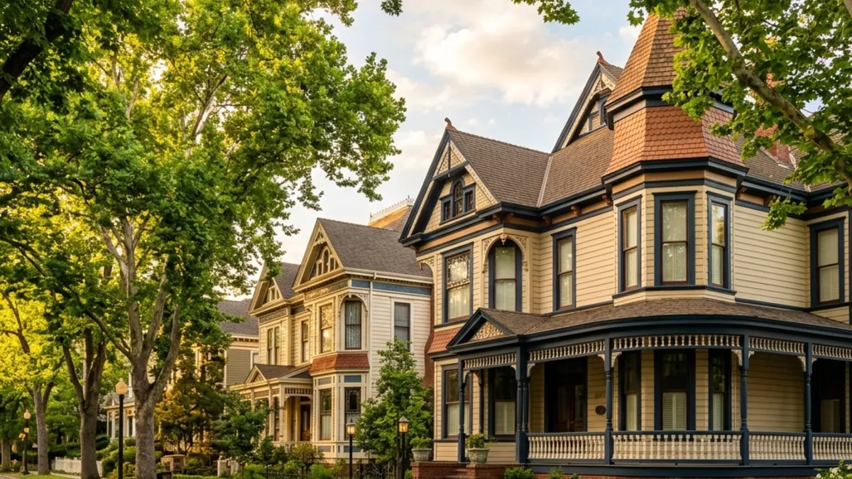 Charming historic Victorian homes under a lush tree canopy in Midtown Sacramento at sunset.