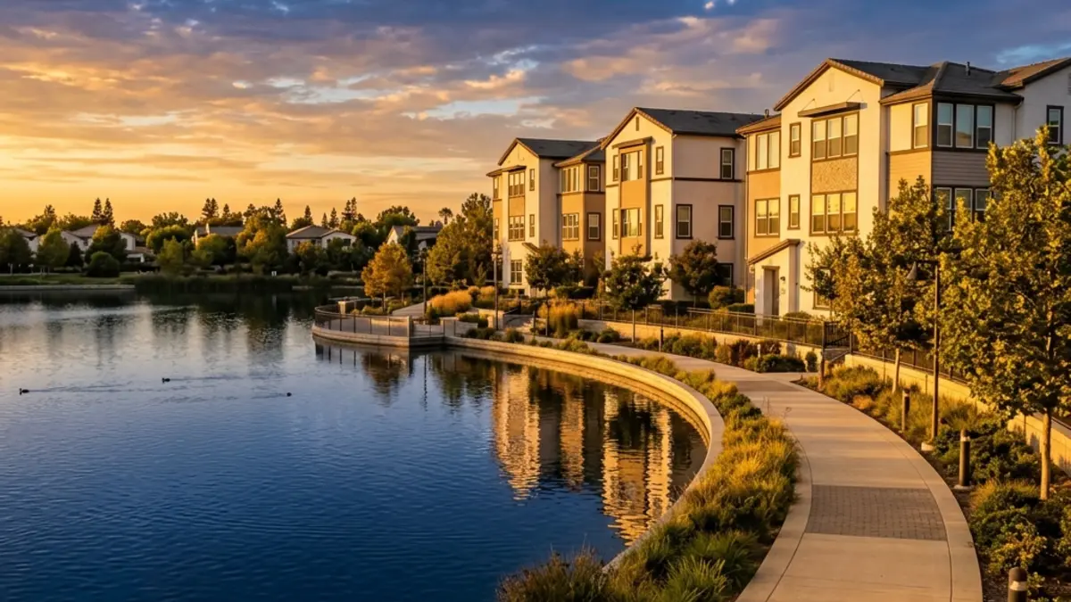 A peaceful waterfront walkway beside residential buildings in Natomas during golden hour.