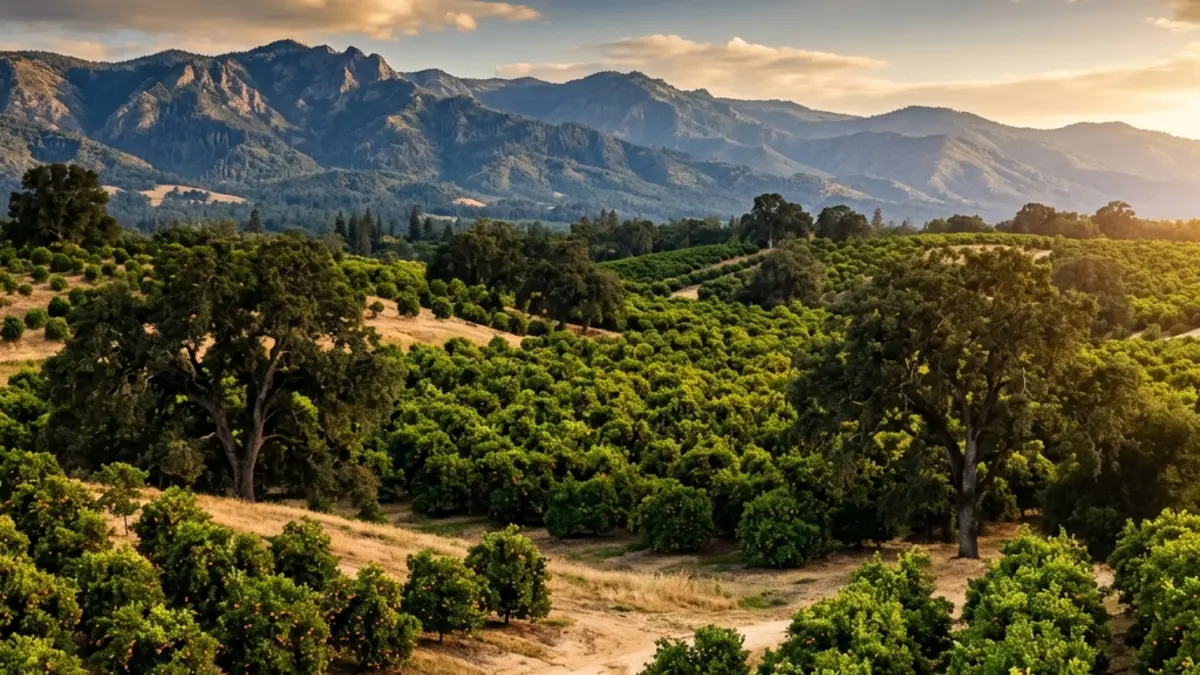 A lush orange grove and oak trees in Orangevale with the Sierra Nevada foothills in the background.