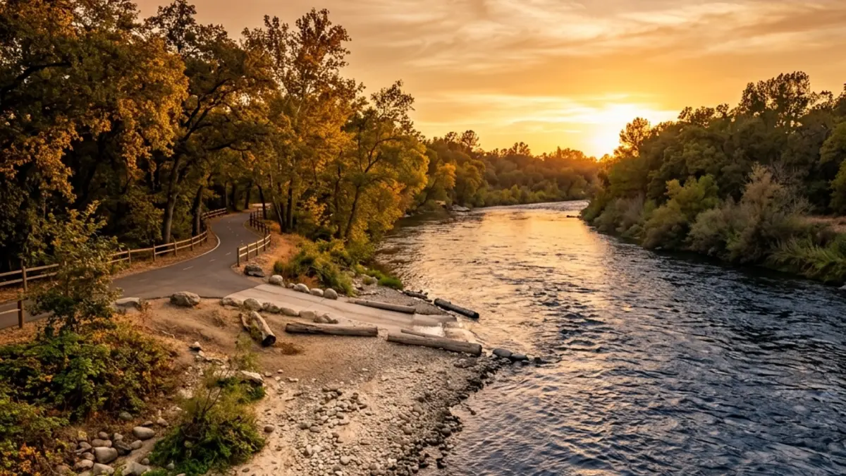 The American River pathway and pebble shore in Rancho Cordova under warm sunset light.