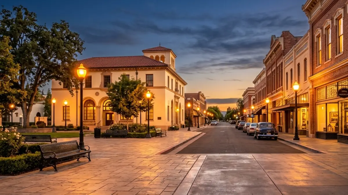 Historic Vernon Street structures and the town square in downtown Roseville during a warm twilight.