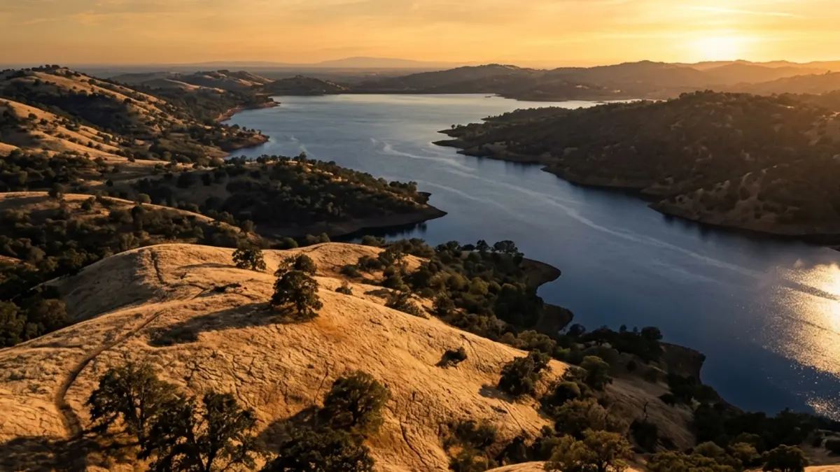 Golden rolling hills of El Dorado Hills overlooking Folsom Lake at golden hour.