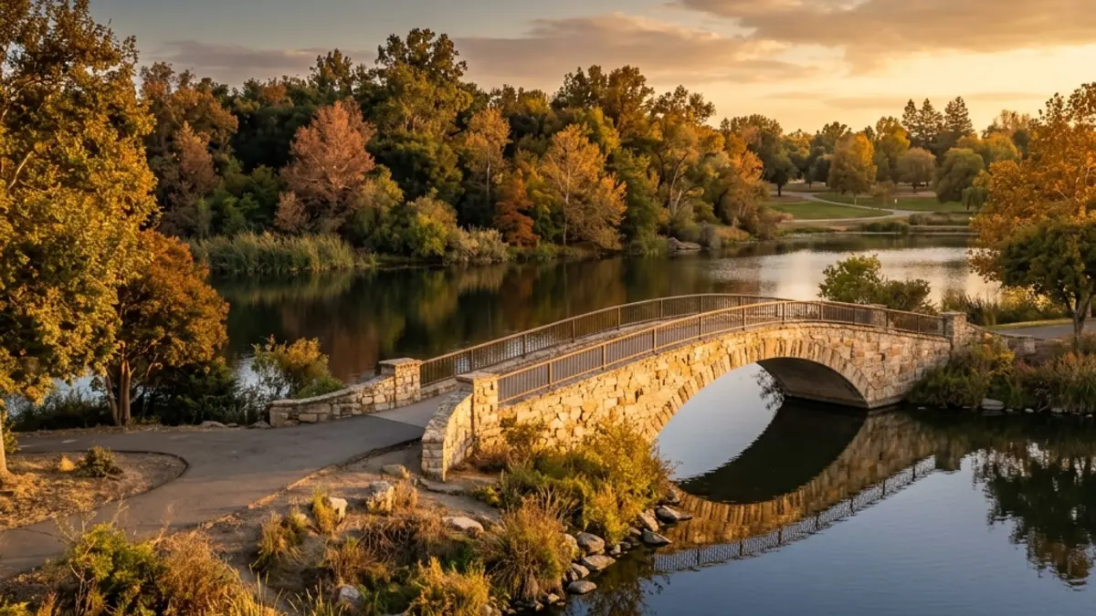 A stone pedestrian bridge arching over a calm lake at Elk Grove Regional Park during sunset.
