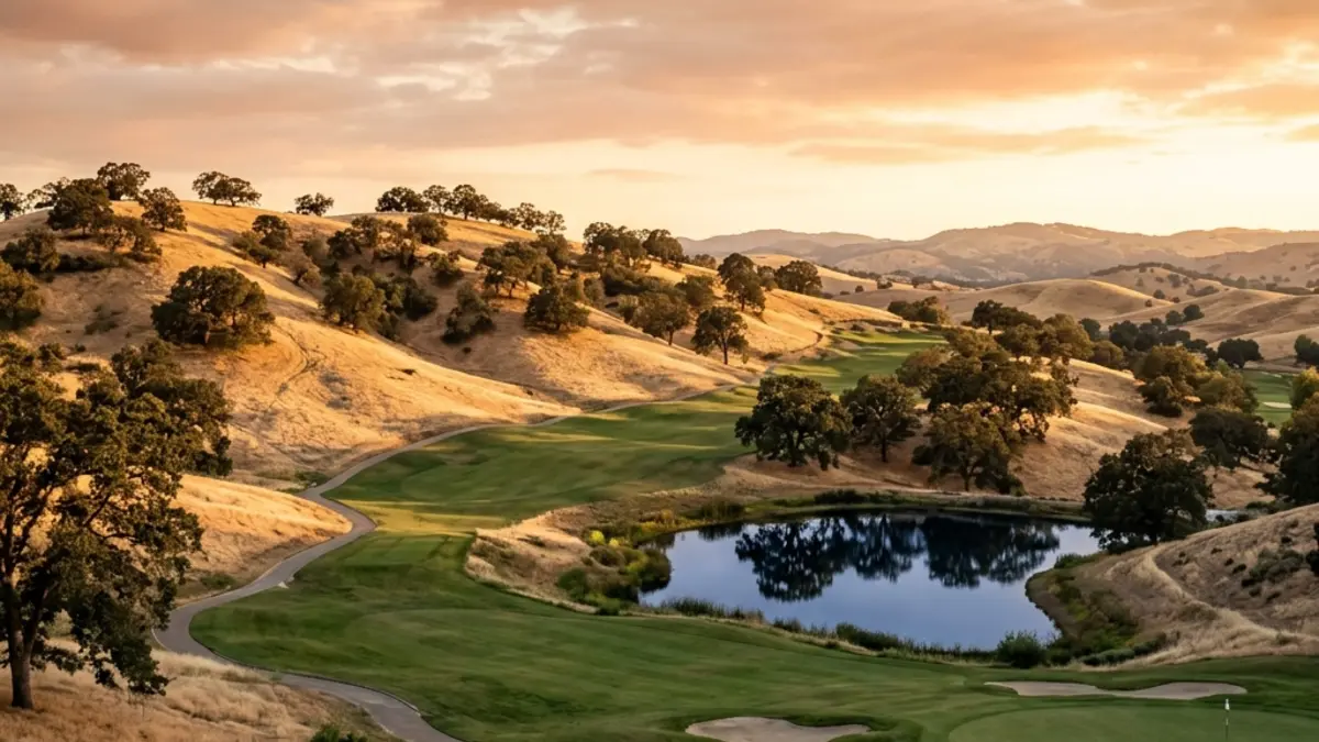 Rolling golden hills and golf course landscape in Lincoln, California, at golden hour.