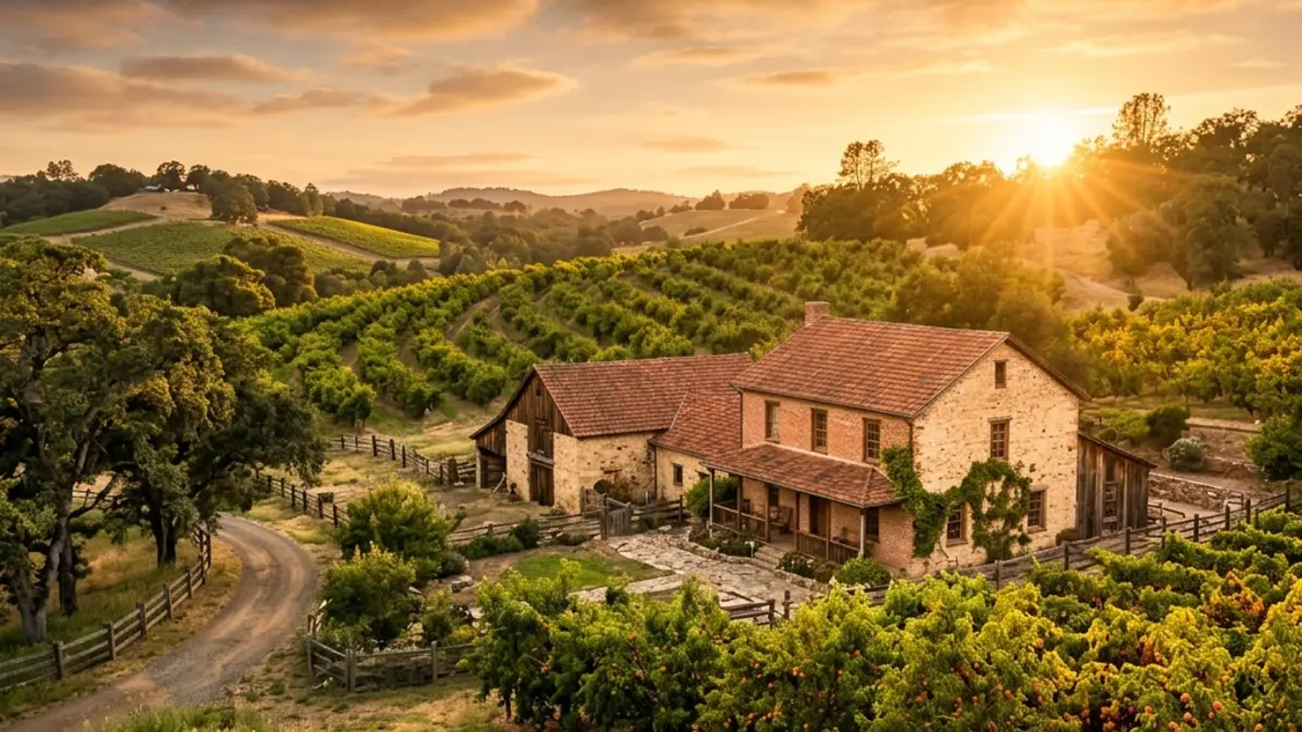 Rustic foothills countryside with green orchards and historic brick structures in Newcastle at sunset.