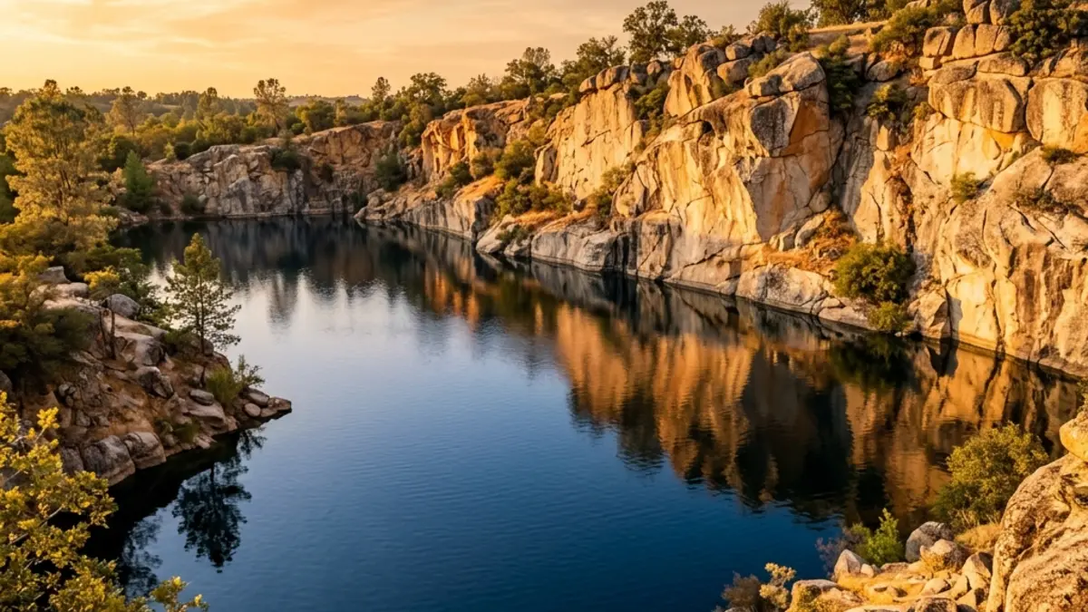 The quiet quarry lake at Quarry Park in Rocklin surrounded by dramatic granite cliffs at golden hour.