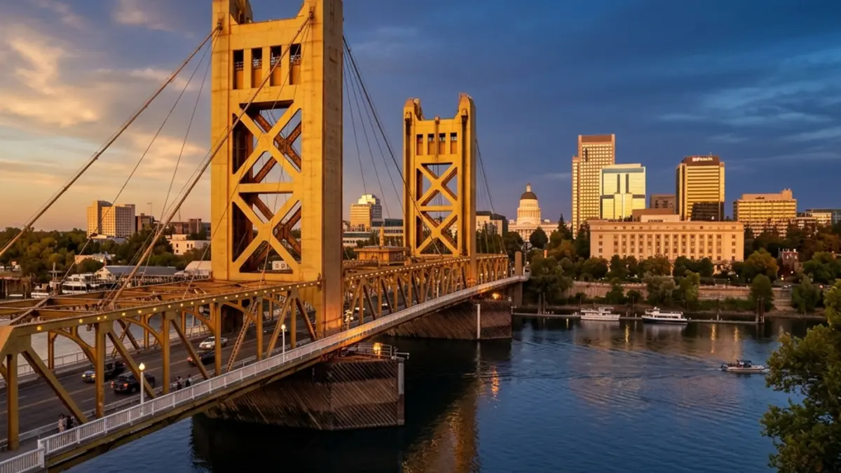 The iconic golden Tower Bridge crossing the Sacramento River with the downtown skyline at sunset.