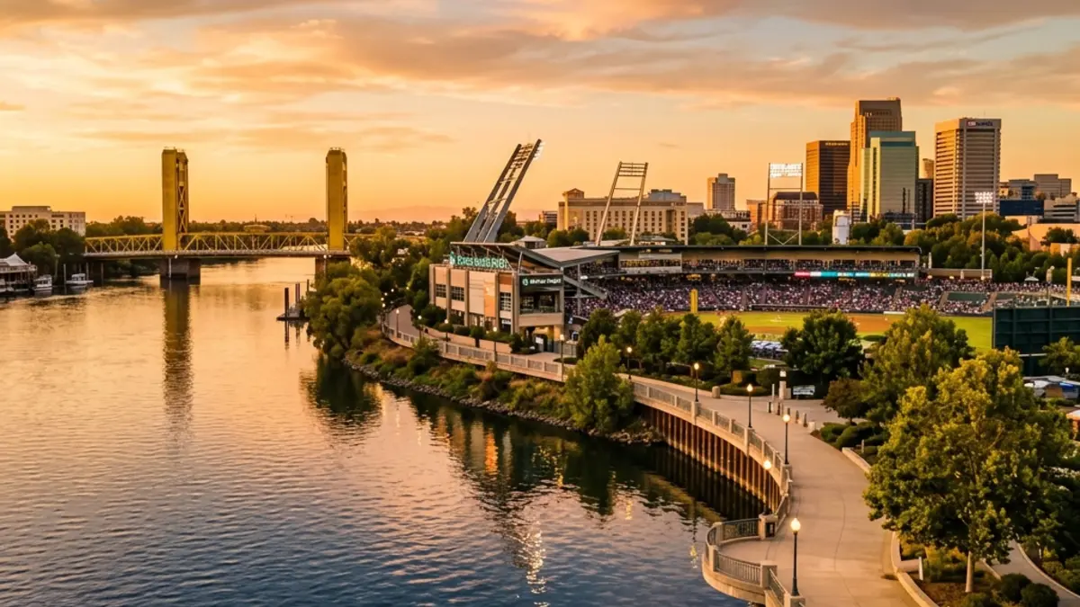 The West Sacramento riverwalk promenade looking across the Sacramento River at sunset.
