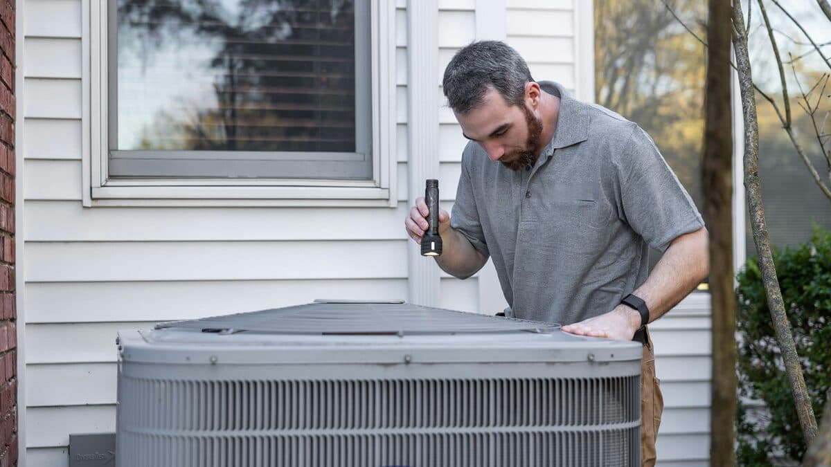 Technician inspecting an outdoor residential HVAC condenser unit during a maintenance check