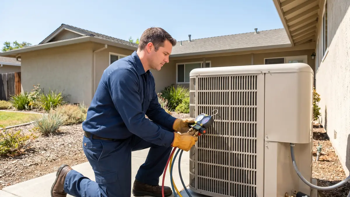 PRO MAX technician servicing an air conditioner condenser at a Sacramento home